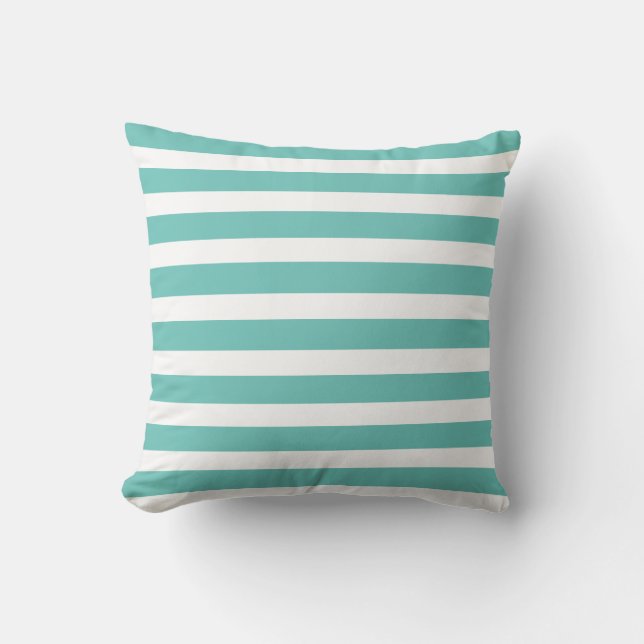 Aqua Teal Blue and White Striped Nautical Coastal Cushion (Front)
