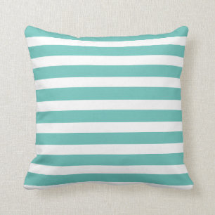 Aqua Teal Blue and White Striped Nautical Coastal Cushion