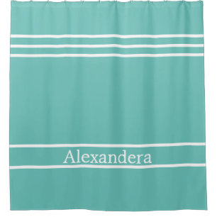 Aqua Teal Blue and White Striped Nautical Coastal Shower Curtain