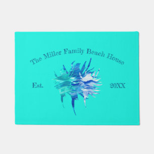 Aqua-teal blue conch wave-silhouette watercolor doormat