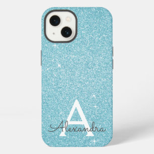 Aqua Teal Blue Glitter and Sparkle Monogram Case-M iPhone 13 Case