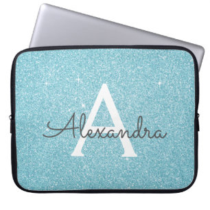Aqua Teal Blue Glitter and Sparkle Monogram Laptop Sleeve