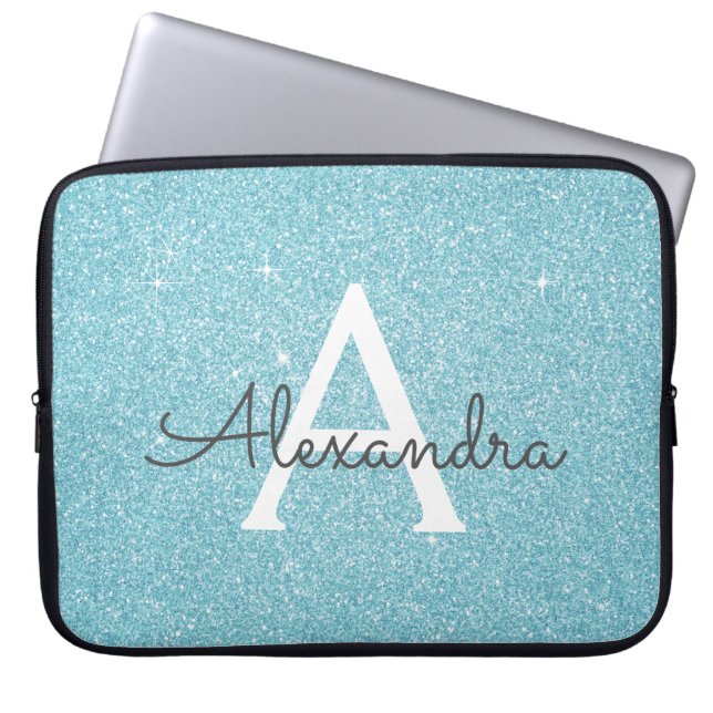 Aqua Teal Blue Glitter and Sparkle Monogram Laptop Sleeve (Front)