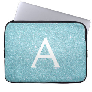 Aqua Teal Blue Glitter and Sparkle Monogram Laptop Sleeve