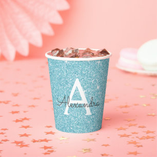 Aqua Teal Blue Glitter and Sparkle Monogram Paper Cups