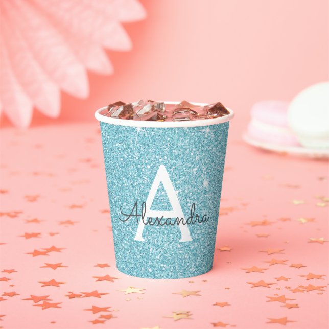 Aqua Teal Blue Glitter and Sparkle Monogram Paper Cups (Insitu)