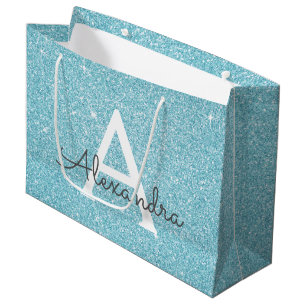 Aqua Teal Blue Glitter & Sparkle Monogram Large Gift Bag