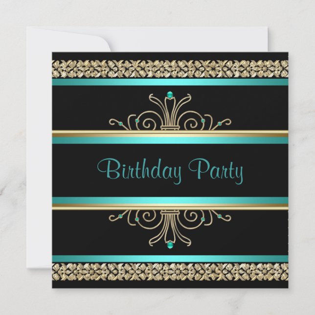 Aqua Teal Blue Gold Black Womans Birthday Party Invitation (Front)