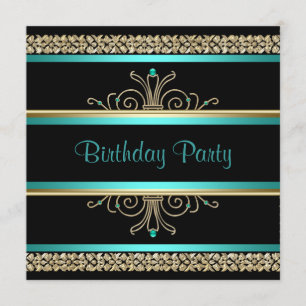 Aqua Teal Blue Gold Black Womans Birthday Party Invitation