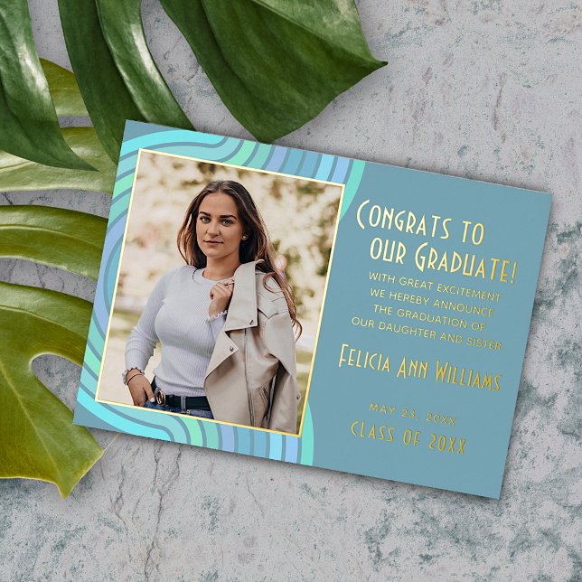 Aqua Teal Blue Gold Foil Graduation Announcement (Creator Uploaded)