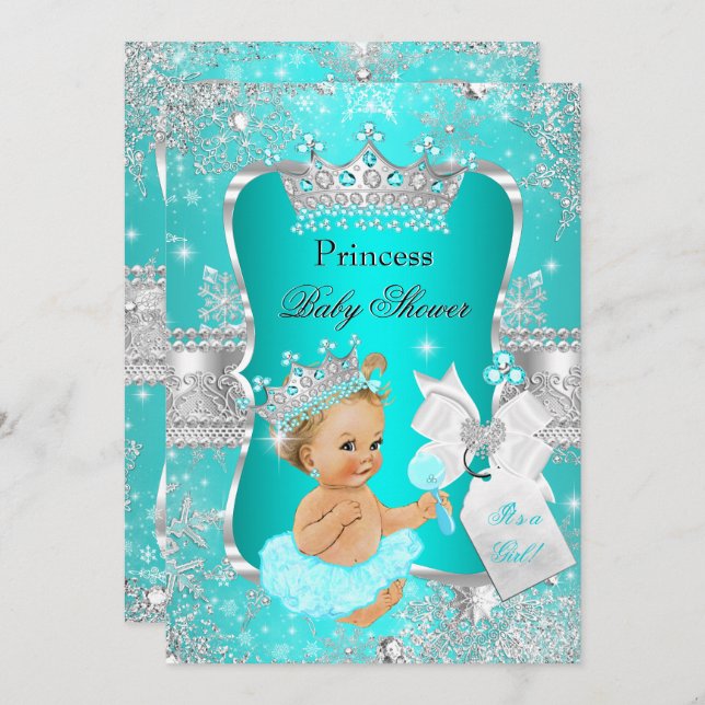 Aqua Teal Blue Princess Baby Shower Blonde Girl Invitation (Front/Back)