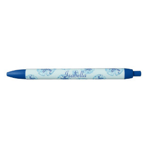 Aqua-teal blue sand dollar-custom monogram-name black ink pen
