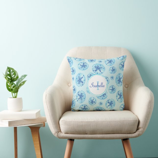 Aqua-teal blue sand dollar-custom monogram-name cushion (Chair)