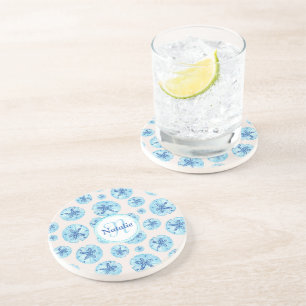 Aqua teal-blue sand dollar watercolor custom name coaster