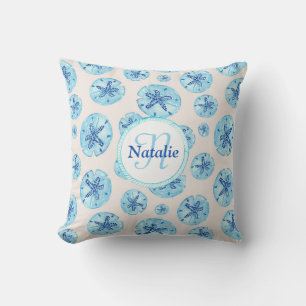 Aqua teal-blue sand dollar watercolor custom name cushion