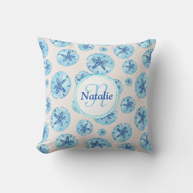 Aqua teal-blue sand dollar watercolor custom name cushion (Front)