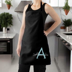 Aqua Teal Blue Script Girly Monogram Name Apron