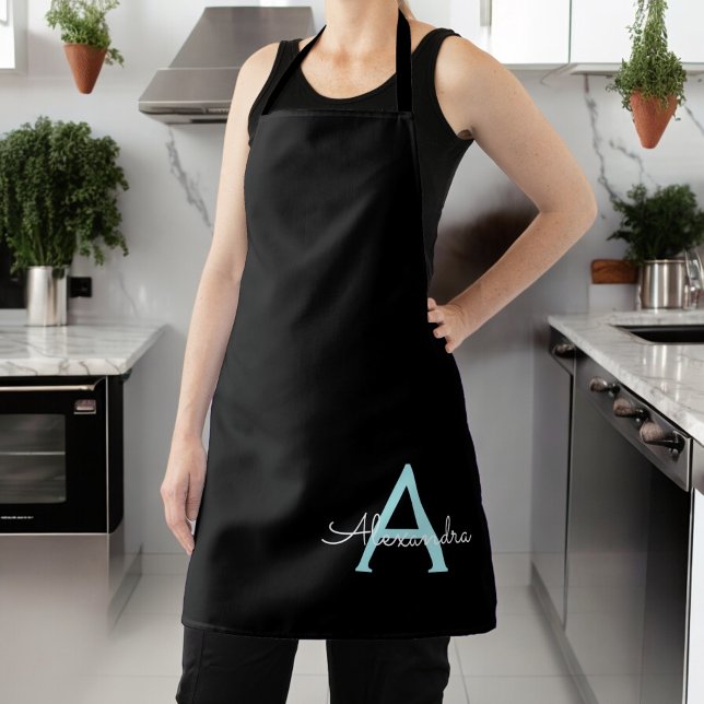 Aqua Teal Blue Script Girly Monogram Name Apron (Creator Uploaded)