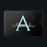 Aqua Teal Blue Script Girly Monogram Name Bath Mat<br><div class="desc">Black and Aqua Teal Blue Simple Script Monogram Name Bath Mats. This makes the perfect graduation,  birthday,  wedding,  bridal shower,  anniversary,  baby shower or bachelorette party gift for someone that loves glam luxury and chic styles.</div>