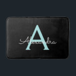 Aqua Teal Blue Script Girly Monogram Name Bath Mat<br><div class="desc">Black and Aqua Teal Blue Simple Script Monogram Name Bath Mats. This makes the perfect graduation,  birthday,  wedding,  bridal shower,  anniversary,  baby shower or bachelorette party gift for someone that loves glam luxury and chic styles.</div>