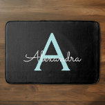 Aqua Teal Blue Script Girly Monogram Name Bath Mat<br><div class="desc">Black and Aqua Blue Teal Simple Script Monogram Name Bath Mats. This makes the perfect graduation,  birthday,  wedding,  bridal shower,  anniversary,  baby shower or bachelorette party gift for someone that loves glam luxury and chic styles.</div>