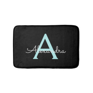 Aqua Teal Blue Script Girly Monogram Name Bath Mat