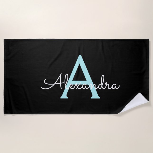Aqua Teal Blue Script Girly Monogram Name Beach Towel (Front)
