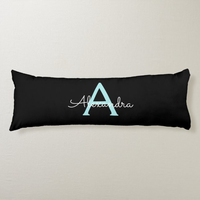 Aqua Teal Blue Script Girly Monogram Name Body Cushion (Front)