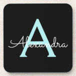 Aqua Teal Blue Script Girly Monogram Name Coaster<br><div class="desc">Black and Aqua Blue Teal Simple Script Monogram Name Paper Coasters. This makes the perfect graduation,  birthday,  wedding,  bridal shower,  anniversary,  baby shower or bachelorette party gift for someone that loves glam luxury and chic styles.</div>