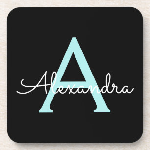 Aqua Teal Blue Script Girly Monogram Name Coaster