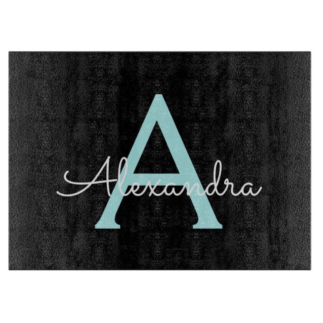Aqua Teal Blue Script Girly Monogram Name Cutting Board (Front)