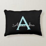 Aqua Teal Blue Script Girly Monogram Name Decorative Cushion<br><div class="desc">Black and Aqua Teal Blue Script Monogram Name and Initial Pillow. The pillow makes the perfect sweet 16 birthday,  wedding,  bridal shower,  baby shower or bachelorette party gift for someone decorating her room in rose gold.</div>