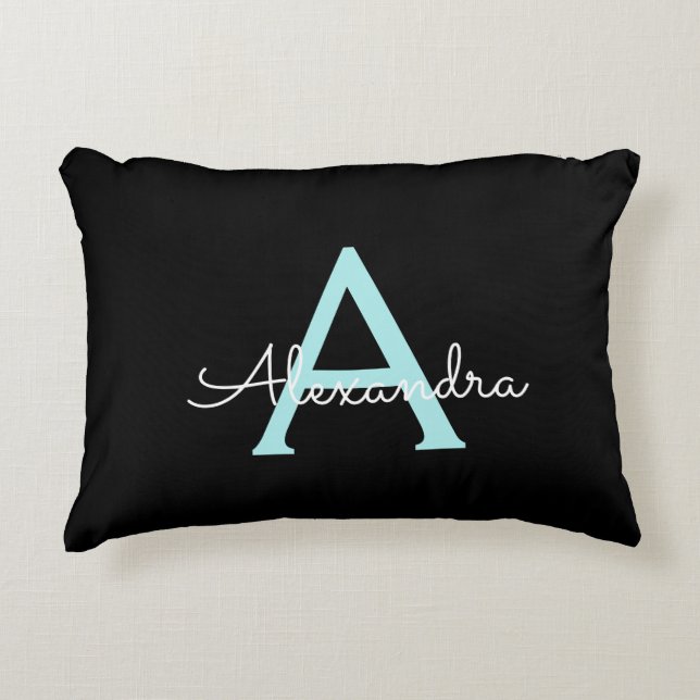 Aqua Teal Blue Script Girly Monogram Name Decorative Cushion (Front)