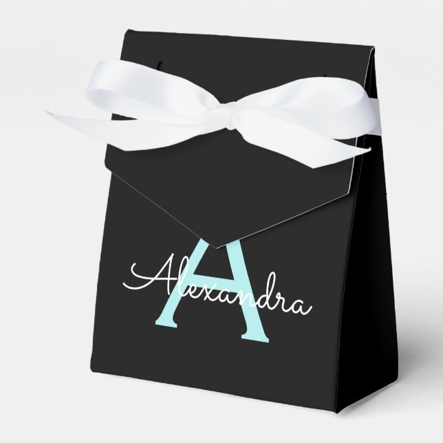Aqua Teal Blue Script Girly Monogram Name Favour Box (Front Side)