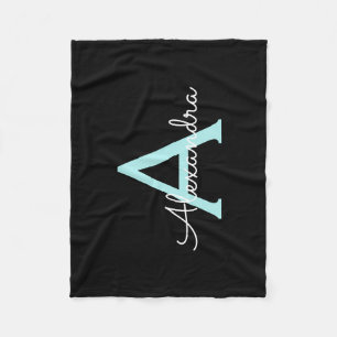 Aqua Teal Blue Script Girly Monogram Name Fleece Blanket