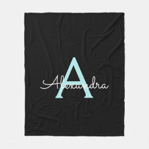 Aqua Teal Blue Script Girly Monogram Name Fleece Blanket