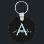 Aqua Teal Blue Script Girly Monogram Name Key Ring<br><div class="desc">Black and Aqua Teal Blue Simple Script Monogram Name Keychains (Key Chain). This makes the perfect sweet 16 birthday,  wedding,  bridal shower,  anniversary,  baby shower or bachelorette party gift for someone that loves glam luxury and chic styles.</div>