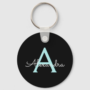 Aqua Teal Blue Script Girly Monogram Name Key Ring