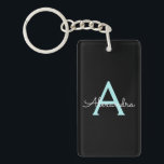 Aqua Teal Blue Script Girly Monogram Name Key Ring<br><div class="desc">Black and Aqua Teal Blue Simple Script Monogram Name Keychain. This makes the perfect sweet 16 birthday,  wedding,  bridal shower,  anniversary,  baby shower or bachelorette party gift for someone that loves glam luxury and chic styles.</div>