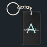 Aqua Teal Blue Script Girly Monogram Name Key Ring<br><div class="desc">Black and Aqua Teal Blue Simple Script Monogram Name Keychain. This makes the perfect sweet 16 birthday,  wedding,  bridal shower,  anniversary,  baby shower or bachelorette party gift for someone that loves glam luxury and chic styles.</div>