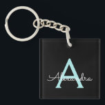 Aqua Teal Blue Script Girly Monogram Name Key Ring<br><div class="desc">Black and Aqua Blue Teal Simple Script Monogram Name Keychain. This makes the perfect sweet 16 birthday,  wedding,  bridal shower,  anniversary,  baby shower or bachelorette party gift for someone that loves glam luxury and chic styles.</div>