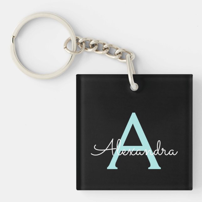 Aqua Teal Blue Script Girly Monogram Name Key Ring (Front)