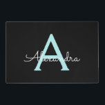 Aqua Teal Blue Script Girly Monogram Name Laminated Place Mat<br><div class="desc">Black and Aqua Teal Blue Simple Script Monogram Name Place Mats. This makes the perfect graduation,  birthday,  wedding,  bridal shower,  anniversary,  baby shower or bachelorette party gift for someone that loves glam luxury and chic styles.</div>
