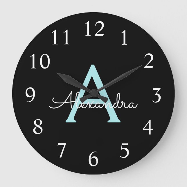 Aqua Teal Blue Script Girly Monogram Name Large Clock (Front)