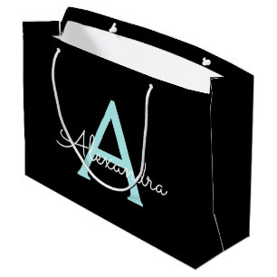 Aqua Teal Blue Script Girly Monogram Name Large Gift Bag