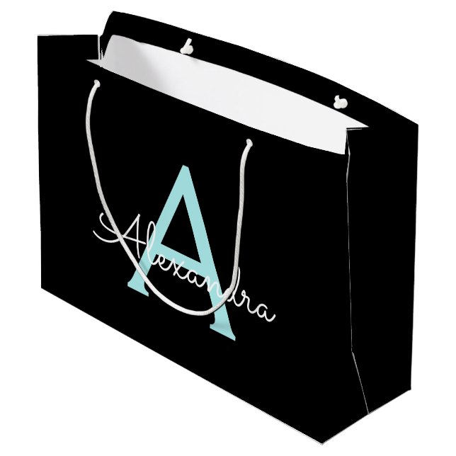 Aqua Teal Blue Script Girly Monogram Name Large Gift Bag (Back Angled)