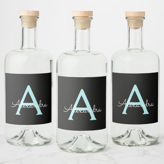 Aqua Teal Blue Script Girly Monogram Name Liquor Bottle Label (Bottles)