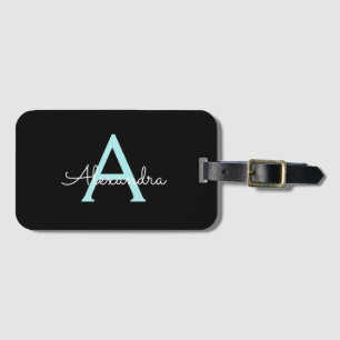 Aqua Teal Blue Script Girly Monogram Name Luggage Tag