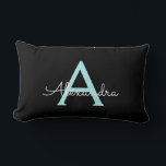 Aqua Teal Blue Script Girly Monogram Name Lumbar Cushion<br><div class="desc">Aqua Teal Blue and Black Monogram Add Your Own Name Lumbar Pillow. This makes the perfect sweet 16 birthday,  wedding,  bridal shower,  anniversary,  baby shower or bachelorette party gift for someone that loves glam luxury and chic styles.</div>