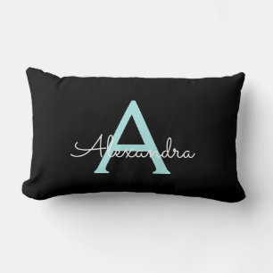 Aqua Teal Blue Script Girly Monogram Name Lumbar Cushion